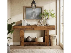 Mesa de Console de 160cm, Mesa de Entrada Rural de 2 Camadas com Base em Forma de U^Tribesigns Sale