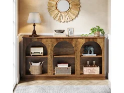 Discount Mesa de console de estilo rústico de 160 cm de comprimento com 3 níveis de armazenamento, marrom Consola