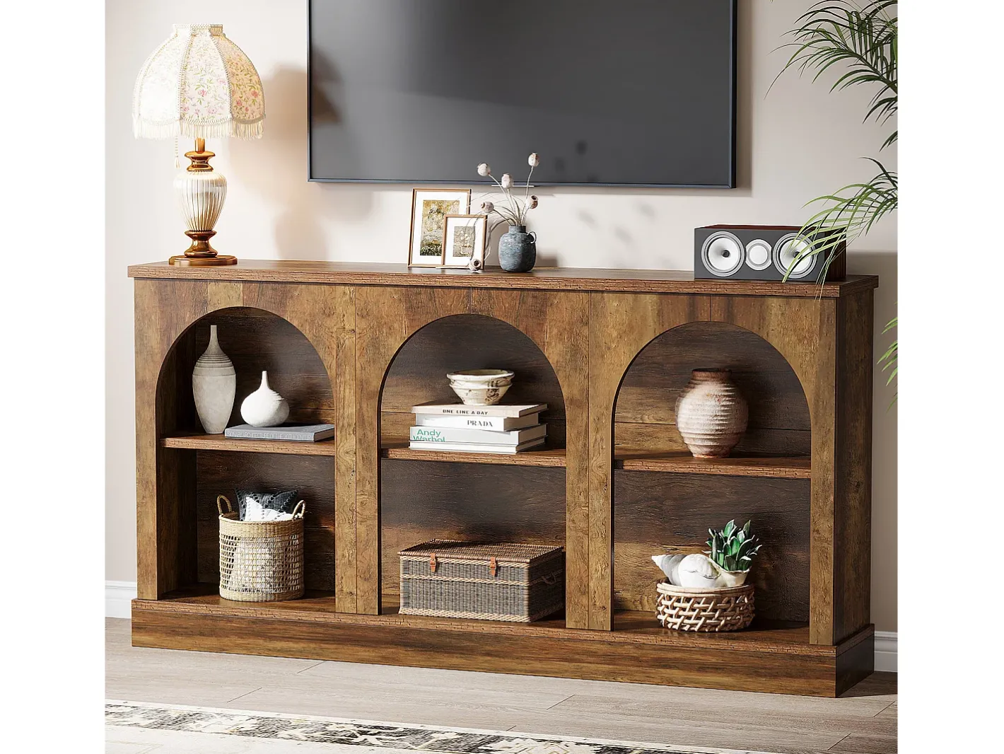 Discount Mesa de console de estilo rústico de 160 cm de comprimento com 3 níveis de armazenamento, marrom Consola