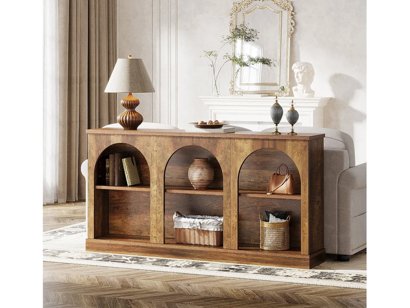 Discount Mesa de console de estilo rústico de 160 cm de comprimento com 3 níveis de armazenamento, marrom Consola