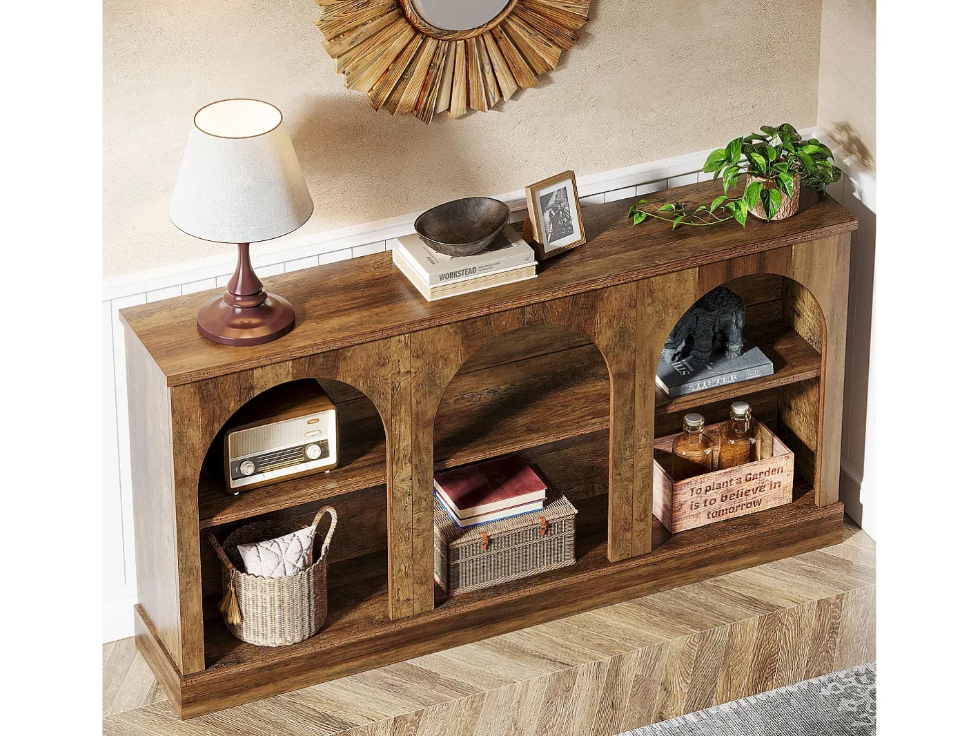 Discount Mesa de console de estilo rústico de 160 cm de comprimento com 3 níveis de armazenamento, marrom Consola