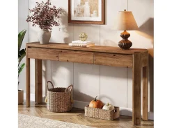 Mesa de Console de Madeira Sólida com 3 Gavetas, Mesa de Entrada de 160cm de Comprimento com Cantos Arredondados Consola