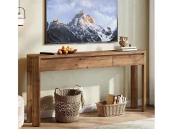 Mesa de Console de Madeira Sólida com 3 Gavetas, Mesa de Entrada de 160cm de Comprimento com Cantos Arredondados Consola