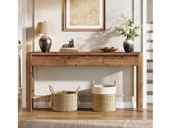 Mesa de Console de Madeira Sólida com 3 Gavetas, Mesa de Entrada de 160cm de Comprimento com Cantos Arredondados Consola