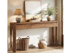 Mesa de Console de Madeira Sólida com 3 Gavetas, Mesa de Entrada de 160cm de Comprimento com Cantos Arredondados Consola