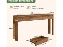 Mesa de Console de Madeira Sólida com 3 Gavetas, Mesa de Entrada de 160cm de Comprimento com Cantos Arredondados Consola