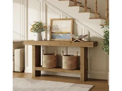 Mesa de console de madeira sólida de 160 cm, mesa estreita de entrada de fazenda de dois níveis para corredor, entrada*Tribesigns Best