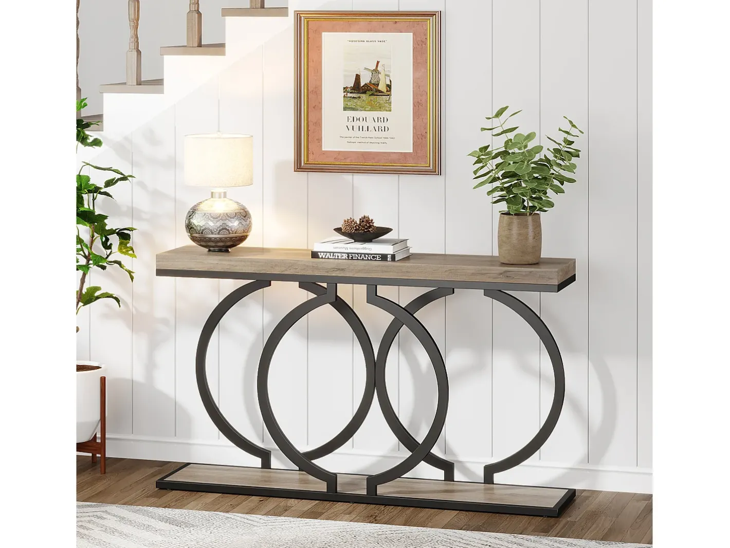 Mesa de console dourada de 140 cm, Mesa de entrada moderna com pés em metal dourado em formato de O, 140 x 30 x 80 cm, Cinza^Tribesigns Discount