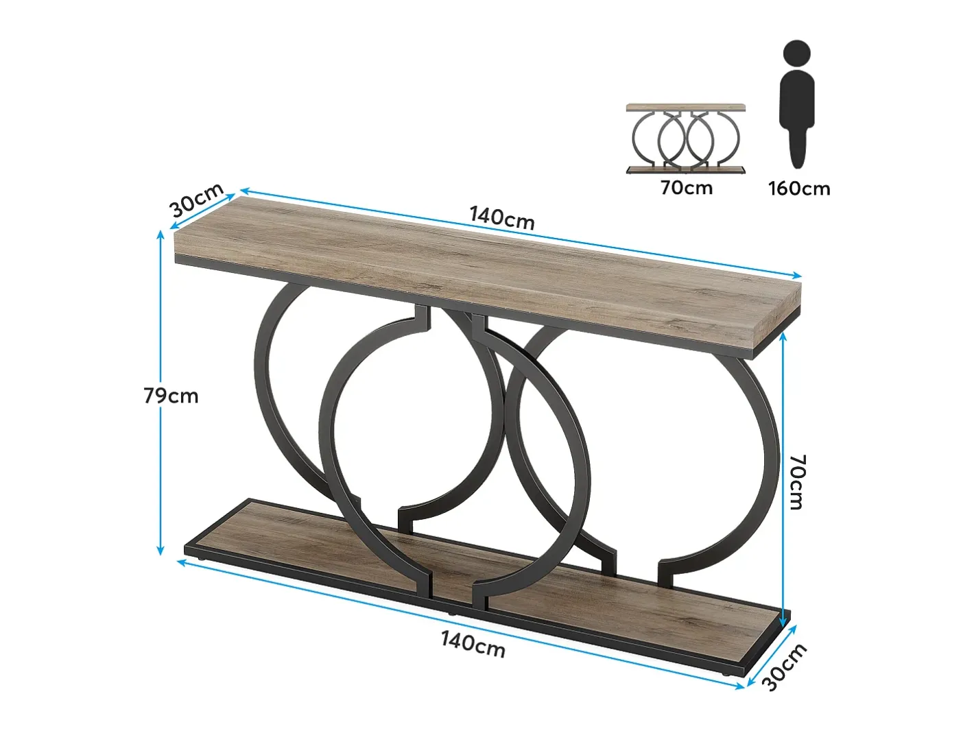 Mesa de console dourada de 140 cm, Mesa de entrada moderna com pés em metal dourado em formato de O, 140 x 30 x 80 cm, Cinza^Tribesigns Discount