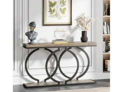 Mesa de console dourada de 140 cm, Mesa de entrada moderna com pés em metal dourado em formato de O, 140 x 30 x 80 cm, Cinza^Tribesigns Discount