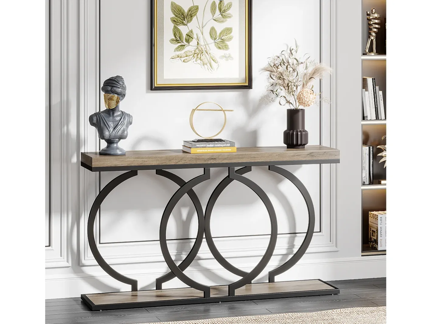 Mesa de console dourada de 140 cm, Mesa de entrada moderna com pés em metal dourado em formato de O, 140 x 30 x 80 cm, Cinza^Tribesigns Discount