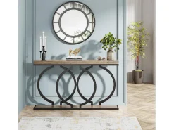 Mesa de console dourada de 140 cm, Mesa de entrada moderna com pés em metal dourado em formato de O, 140 x 30 x 80 cm, Cinza^Tribesigns Discount