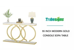 Mesa de console dourada de 140 cm, Mesa de entrada moderna com pés em metal dourado em formato de O, 140 x 30 x 80 cm, Cinza^Tribesigns Discount
