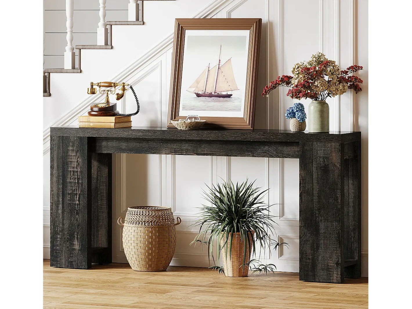 Mesa de Console Extra Longa 160cm, Mesa de Sofá Rural Preta Atrás do Sofá*Tribesigns Hot