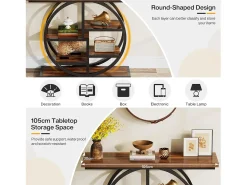 Mesa de console industrial com seis níveis e base circular - Mesa auxiliar estreita de madeira com prateleiras de armazenamento para o sala de estar^Tribesigns Clearance