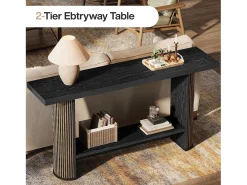 Tribesigns Consola*Mesa de Console Moderna 140cm, Mesa de Corredor Estreita Preta, Mesa de Sofá com 2 Prateleiras Preto