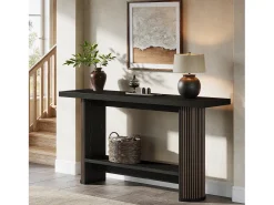 Tribesigns Consola*Mesa de Console Moderna 140cm, Mesa de Corredor Estreita Preta, Mesa de Sofá com 2 Prateleiras Preto