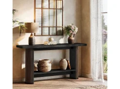 Tribesigns Consola*Mesa de Console Moderna 140cm, Mesa de Corredor Estreita Preta, Mesa de Sofá com 2 Prateleiras Preto