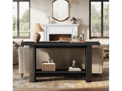 Tribesigns Consola*Mesa de Console Moderna 140cm, Mesa de Corredor Estreita Preta, Mesa de Sofá com 2 Prateleiras Preto