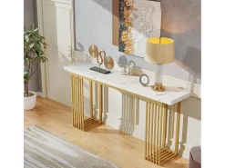 Tribesigns Consola*Mesa de Console Moderna com Topo de Revestimento de Mármore Falso e Base de Metal Dourado, MDF Branco