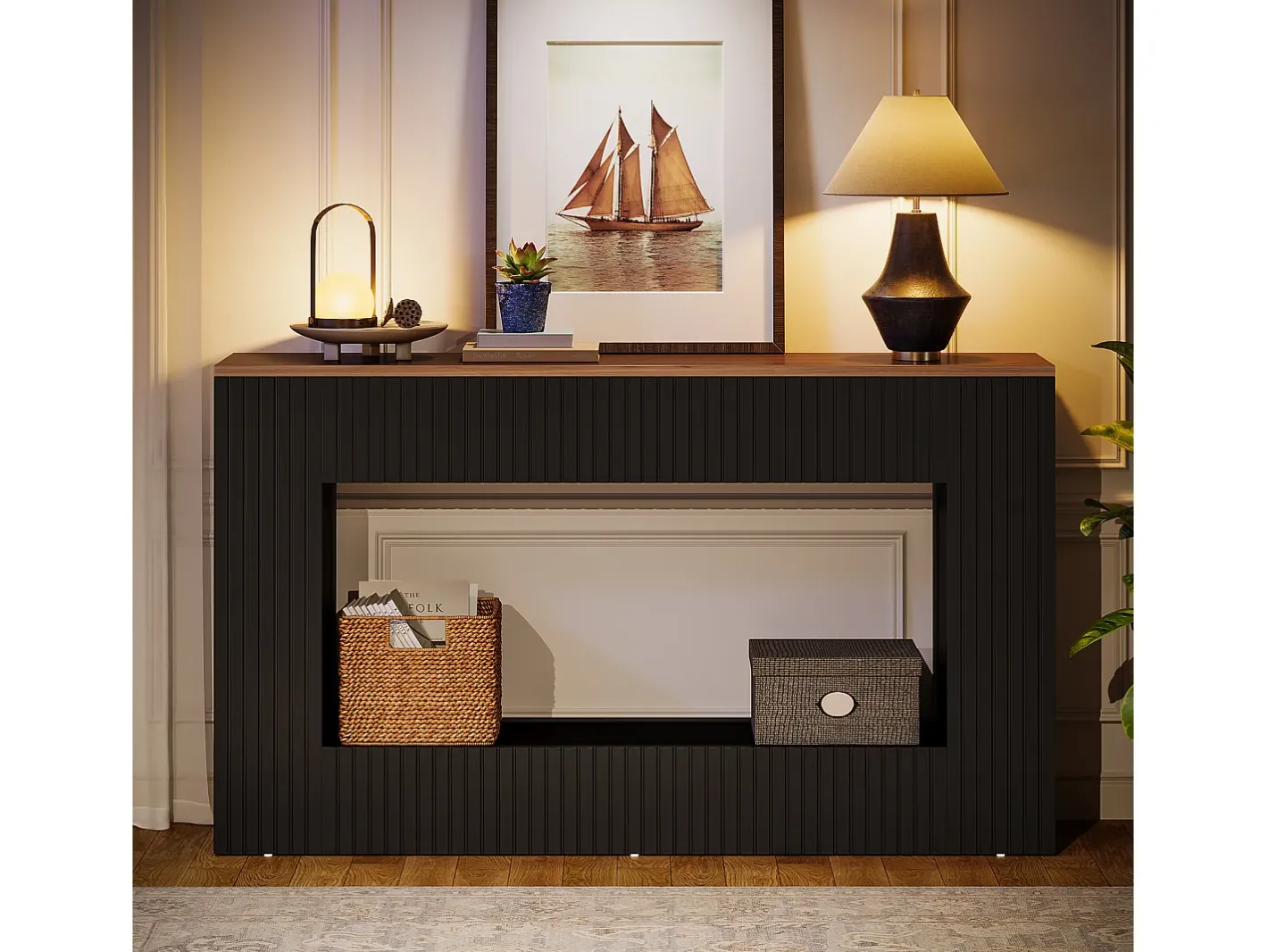 Mesa de console moderna, mesa de entrada em madeira de 140 cm com armazenamento, mesa para sofá estreita e comprida^Tribesigns Best