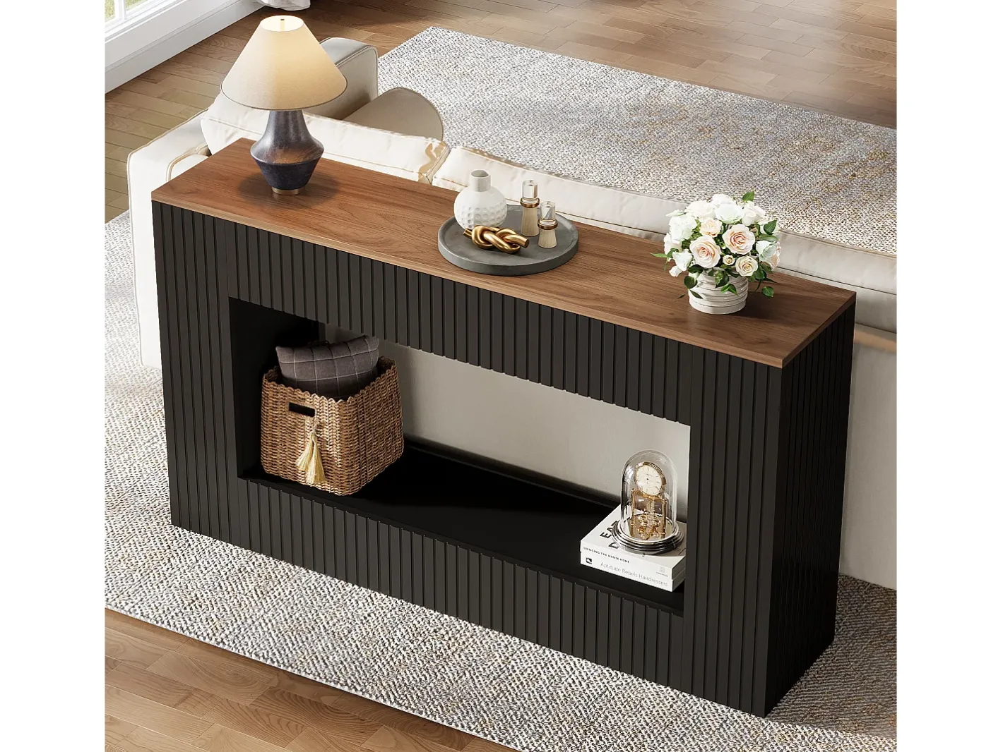 Mesa de console moderna, mesa de entrada em madeira de 140 cm com armazenamento, mesa para sofá estreita e comprida^Tribesigns Best
