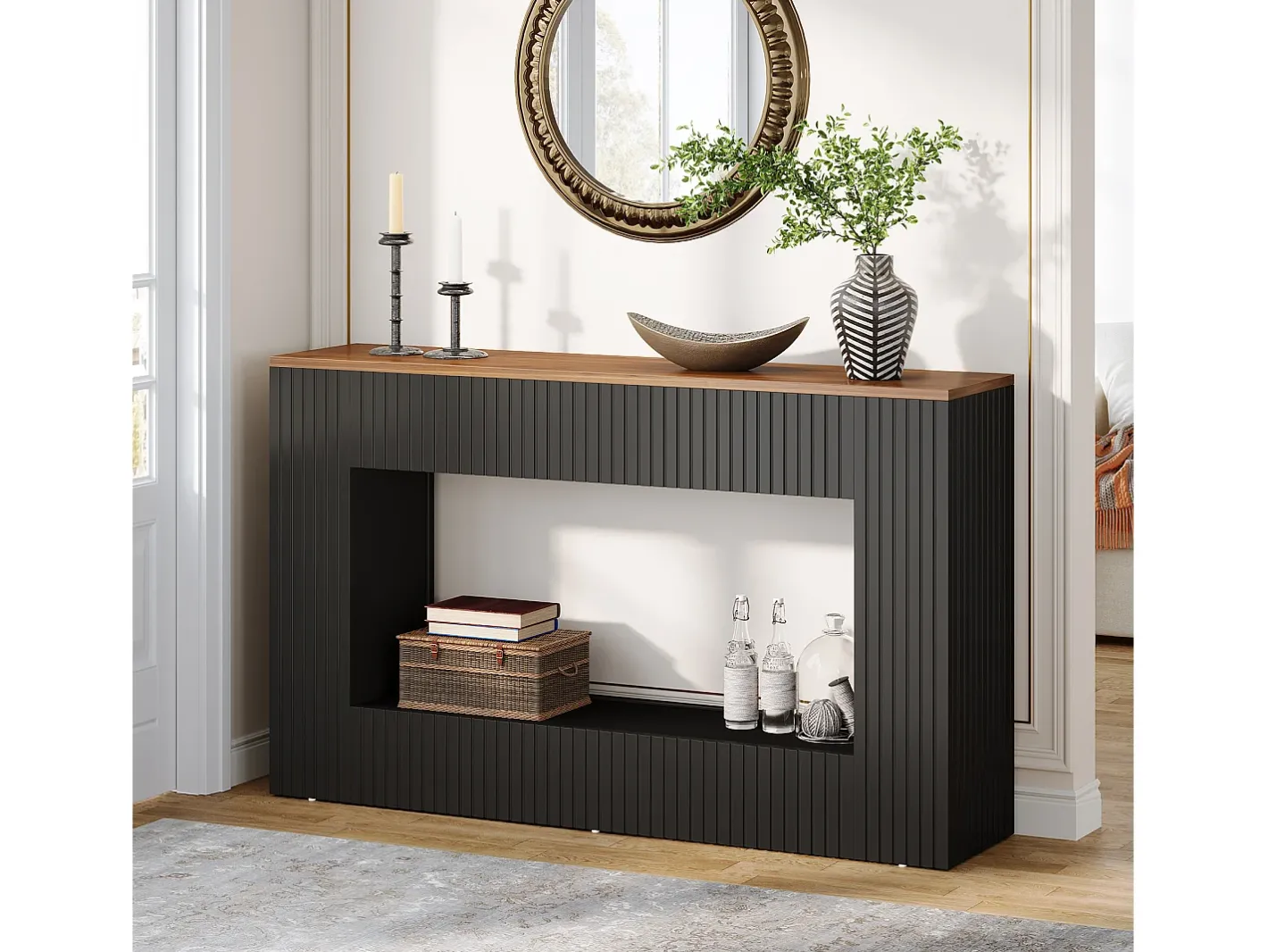 Mesa de console moderna, mesa de entrada em madeira de 140 cm com armazenamento, mesa para sofá estreita e comprida^Tribesigns Best