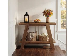 Mesa de entrada de madeira maciça de 110 cm, Mesa de console rústica de 2 níveis com armazenamento*Tribesigns Hot