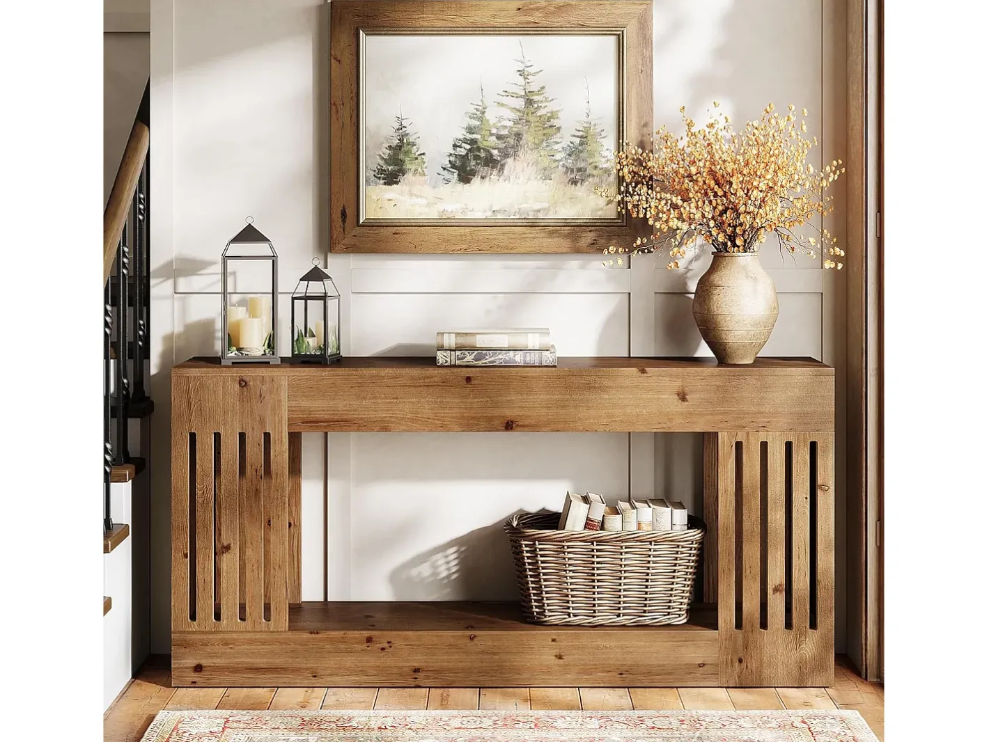 Mesa de Sofá de Madeira Sólida de 160cm, Mesa de Consola Rustica atrás do Sofá com Pernas de Listras Verticais, 2 Andares*Tribesigns Discount