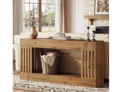 Mesa de Sofá de Madeira Sólida de 160cm, Mesa de Consola Rustica atrás do Sofá com Pernas de Listras Verticais, 2 Andares*Tribesigns Discount