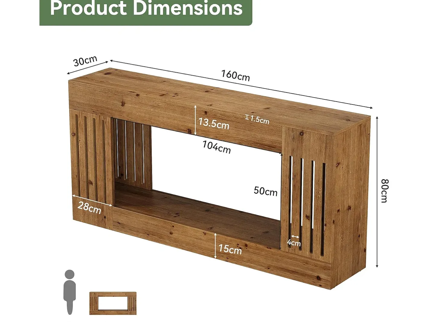 Mesa de Sofá de Madeira Sólida de 160cm, Mesa de Consola Rustica atrás do Sofá com Pernas de Listras Verticais, 2 Andares*Tribesigns Discount