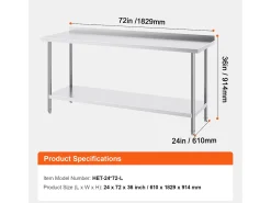 Mesa de Trabalho Cozinha SucceBuy, 61 x 182,9 cm, Mesa de Preparação de Alimentos, para a Preparação na Cozinha, no Restaurante e no Ateliê^ Hot