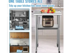 Mesa de Trabalho de Aço Inox SucceBuy, 61 x 61 x 85 cm, Mesa de Preparação de Alimentos Comercial com Rodas^ New