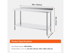Mesa de Trabalho de Cozinha SucceBuy, Mesa de Trabalho em Aço Inoxidável 60.96x152.4 cm, Comercial^ Best