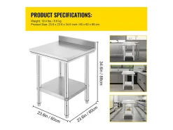 Móvel De Arrumação*Mesa de Trabalho de Cozinha em Aço Inoxidável SucceBuy, Mesa de Preparação de Alimentos 60.96x60.96 cm Prateado