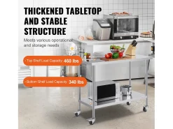Online Mesa de Trabalho de Cozinha SucceBuy 61 x 122 cm, Mesa de Preparação Comercial com 4 Rodas Móvel De Arrumação