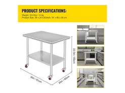 Mesa de Trabalho em Aço Inoxidável SucceBuy, 90x60x85 cm, Capacidade de Carga de 317,5 kg, 4 Rodas, para Cozinha Comercial, Restaurante^ Discount