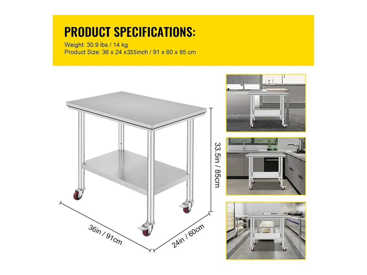 Mesa de Trabalho em Aço Inoxidável SucceBuy, 90x60x85 cm, Capacidade de Carga de 317,5 kg, 4 Rodas, para Cozinha Comercial, Restaurante^ Discount