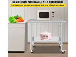 Mesa de Trabalho em Aço Inoxidável SucceBuy, 90x60x85 cm, Capacidade de Carga de 317,5 kg, 4 Rodas, para Cozinha Comercial, Restaurante^ Discount