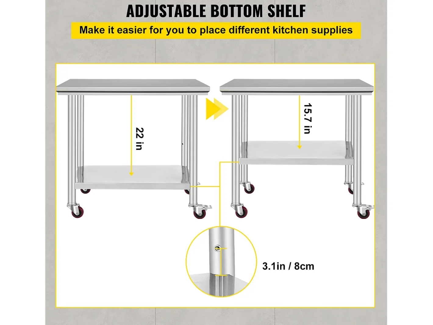 Mesa de Trabalho em Aço Inoxidável SucceBuy, 90x60x85 cm, Capacidade de Carga de 317,5 kg, 4 Rodas, para Cozinha Comercial, Restaurante^ Discount
