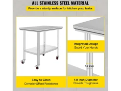 Mesa de Trabalho em Aço Inoxidável SucceBuy, 90x60x85 cm, Capacidade de Carga de 317,5 kg, 4 Rodas, para Cozinha Comercial, Restaurante^ Discount