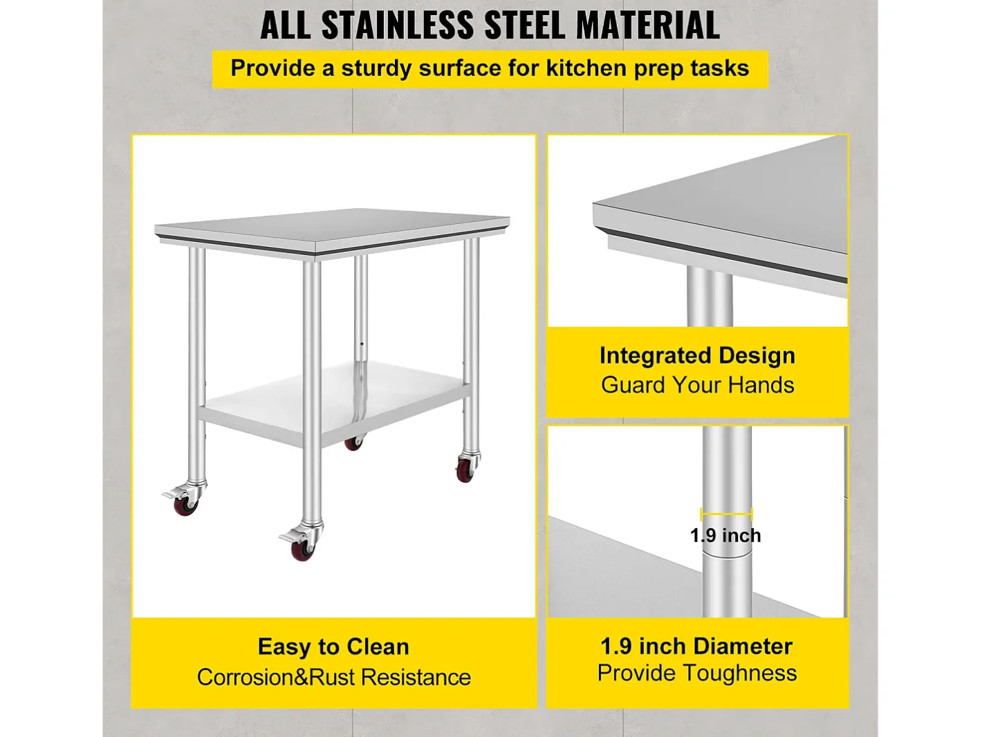 Mesa de Trabalho em Aço Inoxidável SucceBuy, 90x60x85 cm, Capacidade de Carga de 317,5 kg, 4 Rodas, para Cozinha Comercial, Restaurante^ Discount