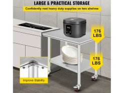 Mesa de Trabalho em Aço Inoxidável SucceBuy, 90x60x85 cm, Capacidade de Carga de 317,5 kg, 4 Rodas, para Cozinha Comercial, Restaurante^ Discount