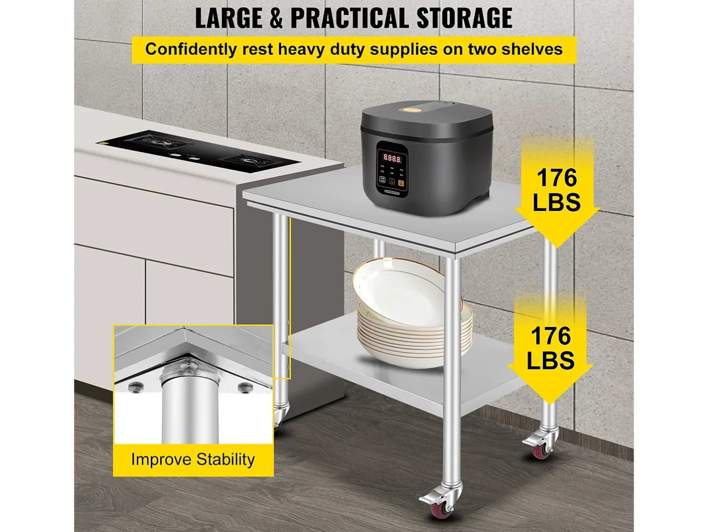 Mesa de Trabalho em Aço Inoxidável SucceBuy, 90x60x85 cm, Capacidade de Carga de 317,5 kg, 4 Rodas, para Cozinha Comercial, Restaurante^ Discount