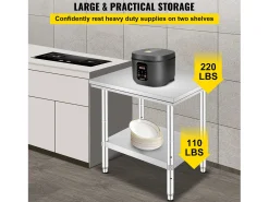 Mesa de Trabalho em Aço Inoxidável 60x76x80 cm, 2 Andares, para Preparação de Cozinha de Alimentos e Refeições, Hotéis, Escritórios, Hospitais^ Clearance