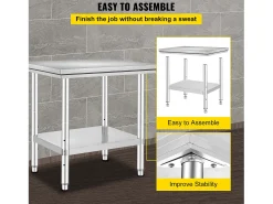 Mesa de Trabalho em Aço Inoxidável 60x76x80 cm, 2 Andares, para Preparação de Cozinha de Alimentos e Refeições, Hotéis, Escritórios, Hospitais^ Clearance