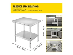 Mesa de Trabalho em Aço Inoxidável 60x76x80 cm, 2 Andares, para Preparação de Cozinha de Alimentos e Refeições, Hotéis, Escritórios, Hospitais^ Clearance