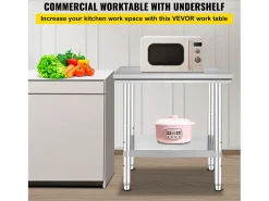Mesa de Trabalho em Aço Inoxidável 60x76x80 cm, 2 Andares, para Preparação de Cozinha de Alimentos e Refeições, Hotéis, Escritórios, Hospitais^ Clearance