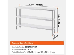 Hot Mesa de Trabalho em Aço Inoxidável SucceBuy, 356 x 1524 x 864 mm, Mesa Comercial de Preparação para Cozinhas Móvel De Arrumação