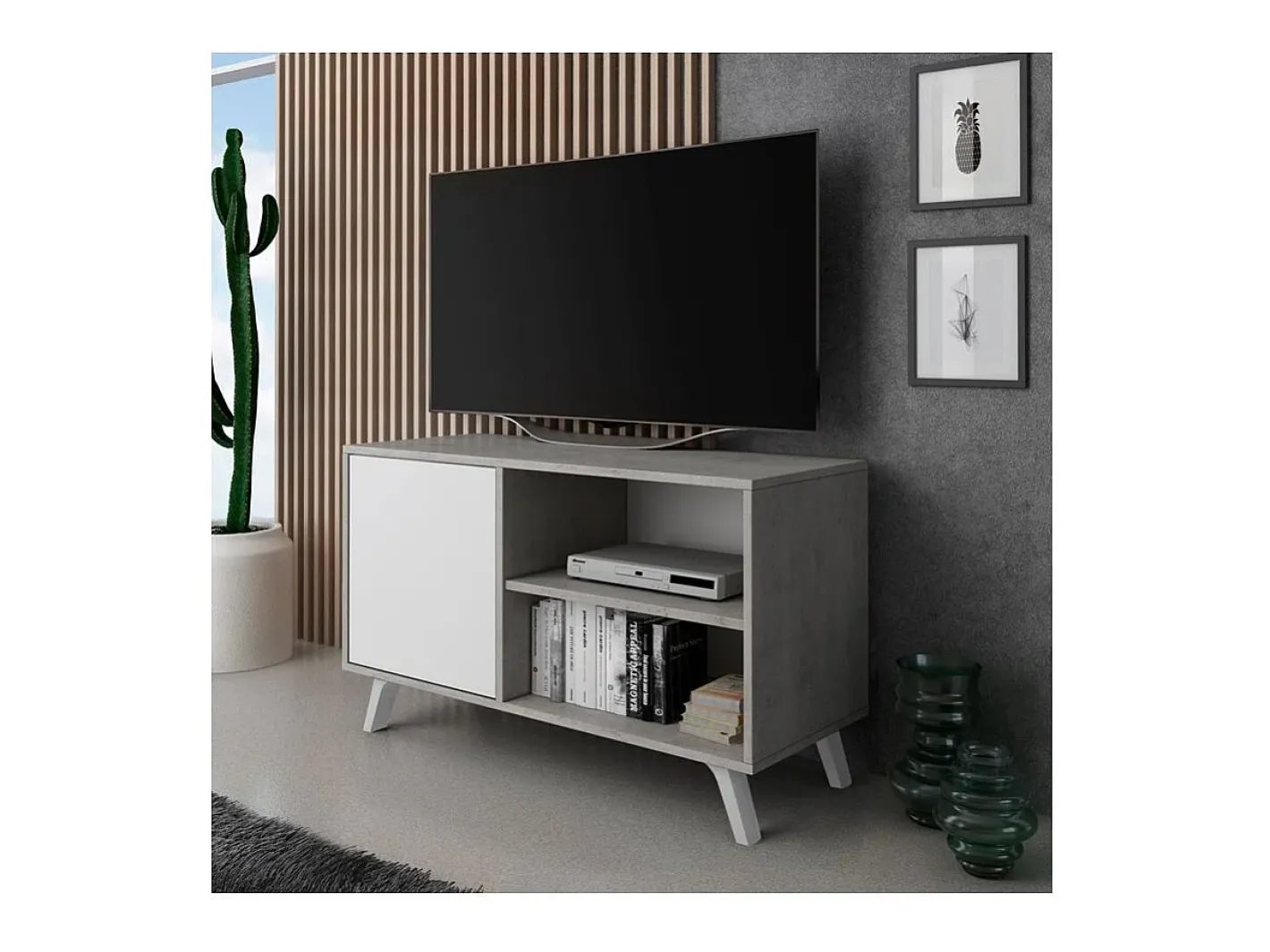 duehome Móvel De Tv*Mesa de TV Wind 100 Gris cemento - Blanco mate Castanho